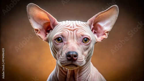 A rare, exotic Inca Orchid dog, completely or partially hairless, showcases its sleek, wrinkled skin and adorable expression, highlighting its unique, loving personality. photo