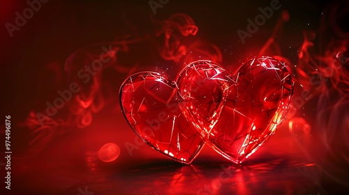 Two red glowing hearts shine together for Valentine day