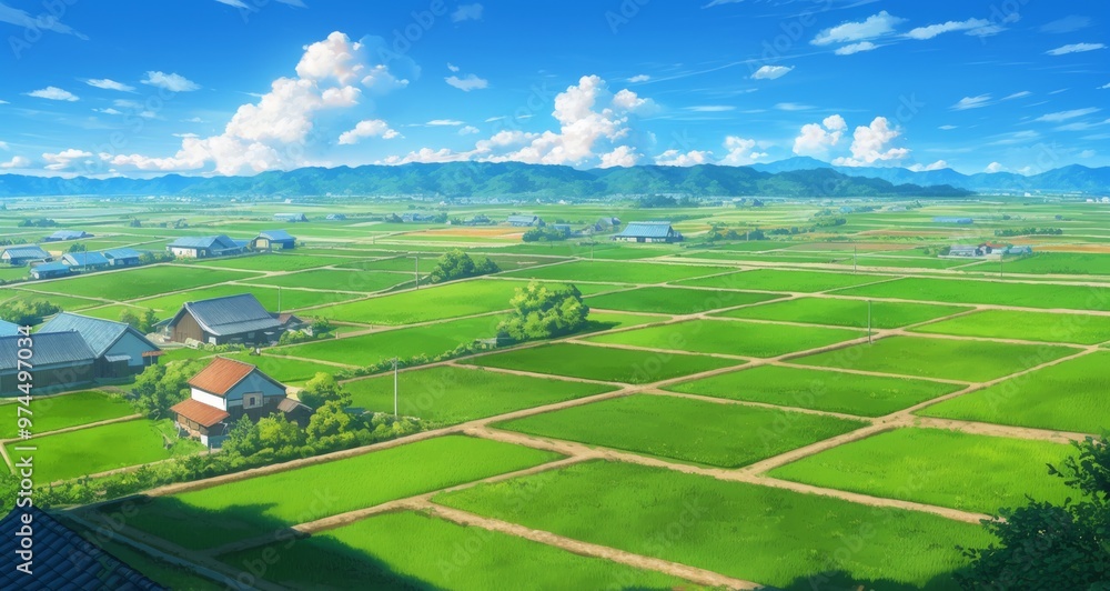 Naklejka premium Panoramic View of Japanese Countryside with Rice Fields, Blue Sky, White Clouds