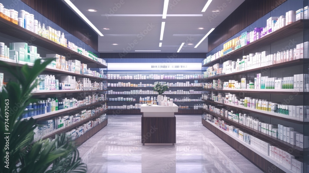Fototapeta premium A modern pharmacy store with rows of drug shelves displaying prescription medications and health care products, ready for customers.