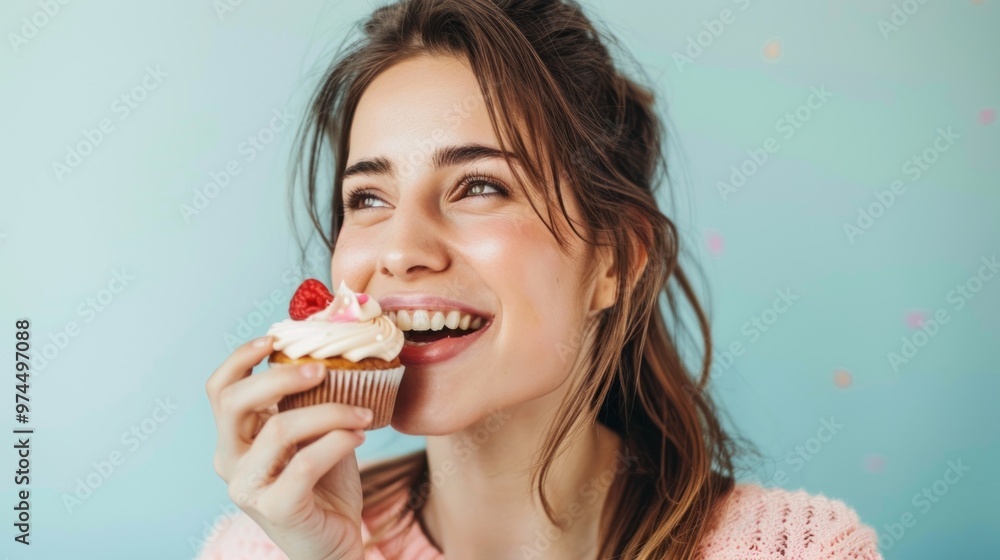 A woman is eating a cupcake with raspberries on top A woman is eating a cupcake with raspberries on top
