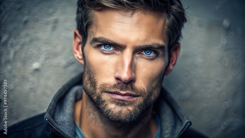 A ruggedly handsome male model in his 30s with a strong jawline and piercing blue eyes gazes directly at the camera with confidence. A ruggedly handsome male model in his 30s with a strong jawline and piercing blue eyes gazes directly at the camera with confidence.