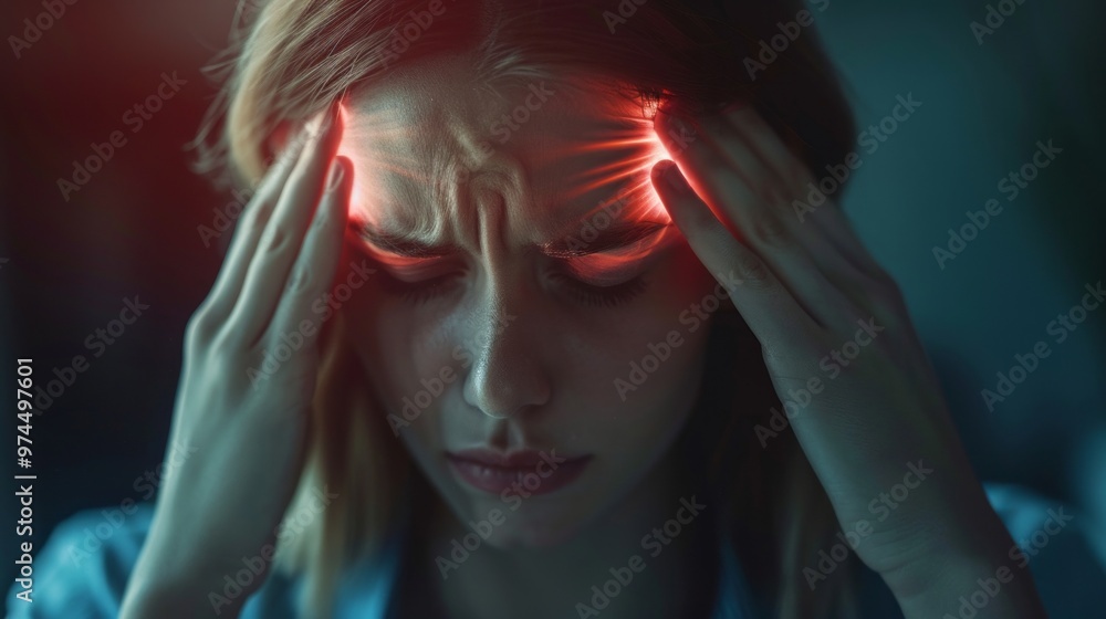 A woman with red eyes and a red forehead is in pain A woman with red eyes and a red forehead is in pain