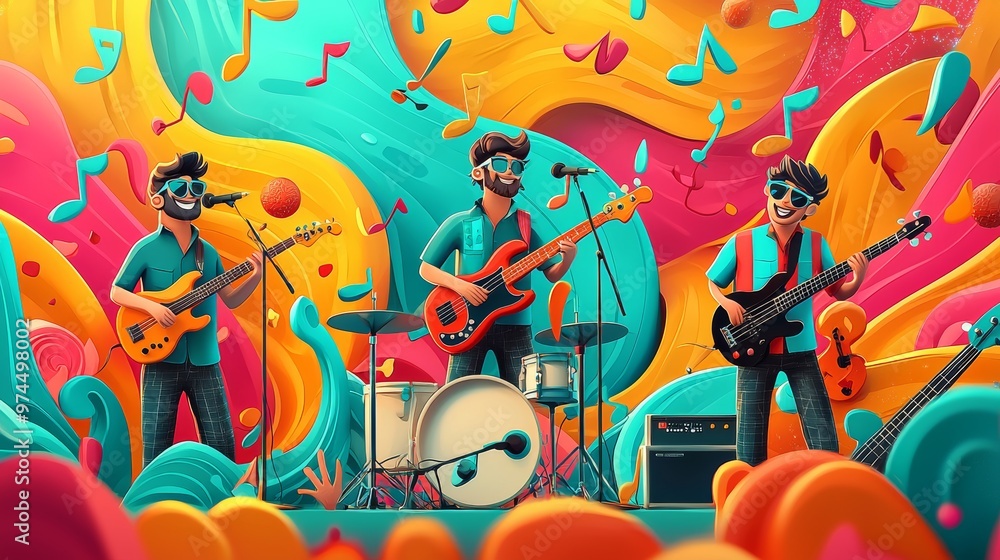 Obraz premium Colorful Band Playing Music with Guitars and Drums