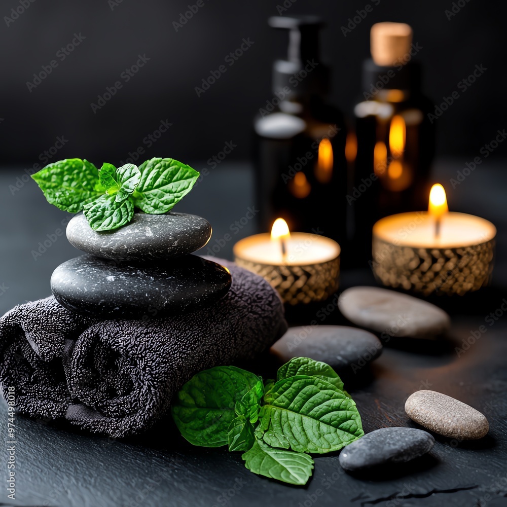 Obraz premium Relaxing spa scene with stacked stones, mint leaves, aromatic candles, and essential oil bottles for serene ambiance.