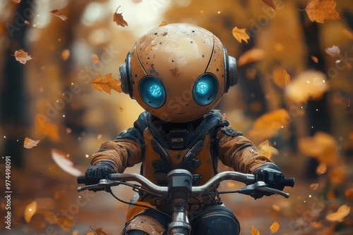 cheerful humanoid robot riding vintage bicycle through autumn park fallen leaves swirling warm colors whimsical blend of technology and nature