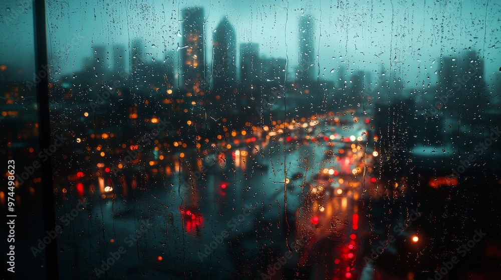 Fototapeta premium Rainy Night Cityscape Through Window