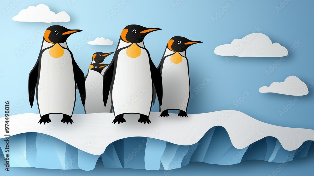 Fototapeta premium A charming group of colorful paper-cut style penguins on an ice floe against a serene blue backdrop with clouds.