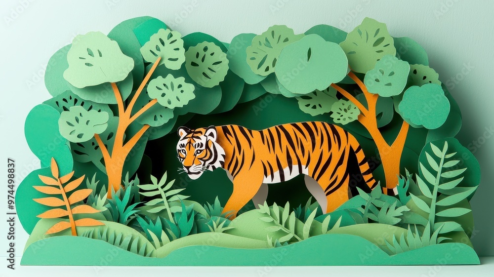 Fototapeta premium A colorful paper craft of a tiger in a lush green forest, showcasing vibrant details and artistic design.