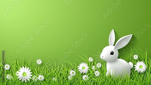 A cute white rabbit sits among flowers on a lush green background, perfect for springtime themes and nature-related projects.
