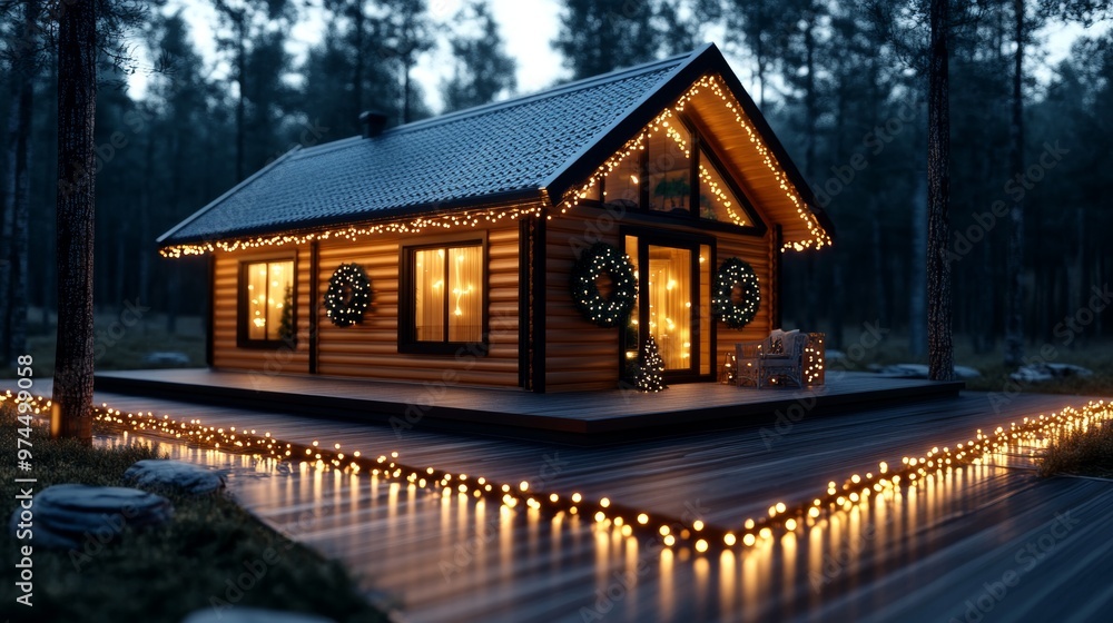 Cozy Cabin in the Woods with Christmas Lights Cozy Cabin in the Woods with Christmas Lights