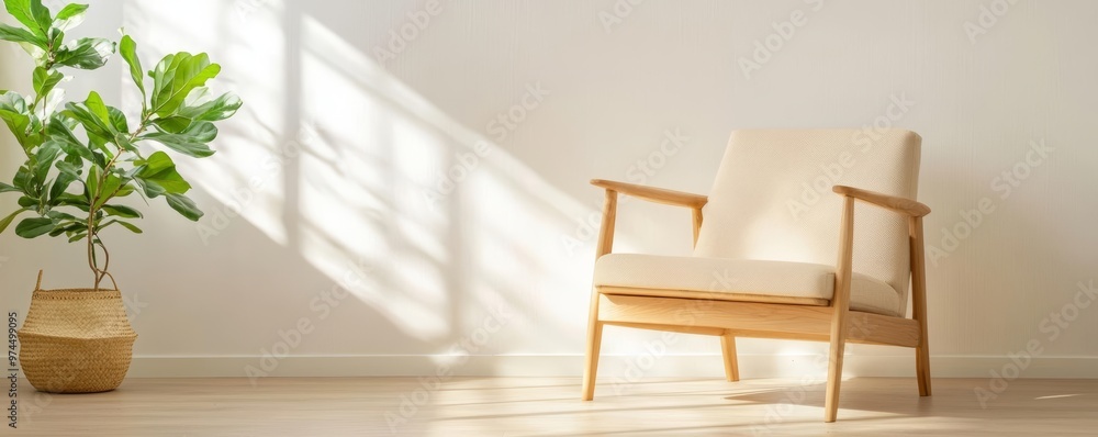 Mid-century modern oak armchair in a sunlit room, promoting sustainable and timeless design, oak furniture, eco-conscious design Mid-century modern oak armchair in a sunlit room, promoting sustainable and timeless design, oak furniture, eco-conscious design