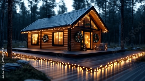 Cozy Cabin in the Woods with Christmas Lights