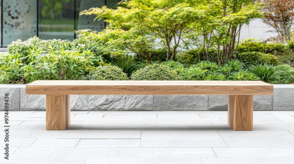 Natural oak bench with minimalist lines in a sustainable outdoor garden space, representing green design, eco-friendly oak wood, sustainable outdoor furniture