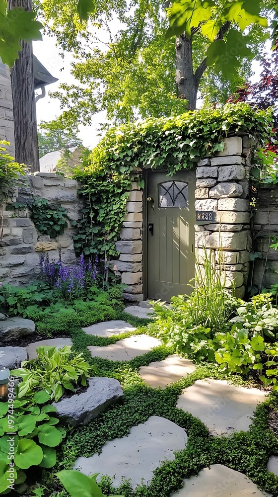 Stone Pathway Leading to a Green Door with Ivy Vines. Stone Pathway Leading to a Green Door with Ivy Vines.