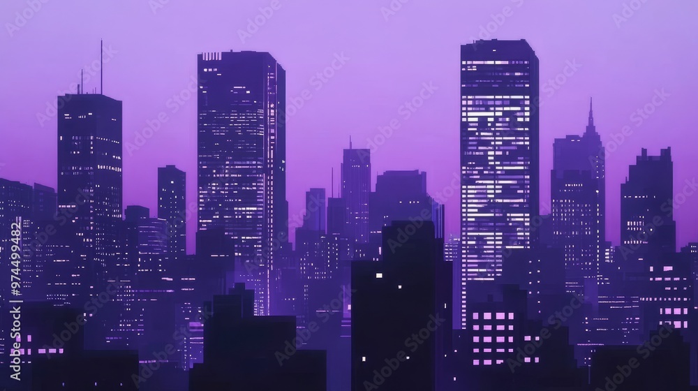 Fototapeta premium A vibrant city skyline at dusk, showcasing tall buildings illuminated against a purple sky.