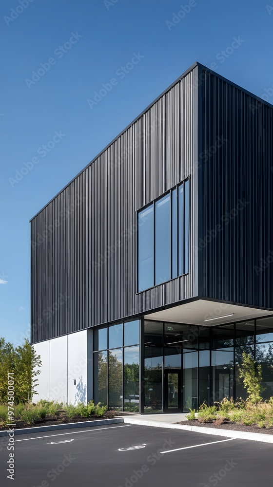 A modern industrial building with black and white metal cladding, featuring large windows for natural light and steel frames A modern industrial building with black and white metal cladding, featuring large windows for natural light and steel frames