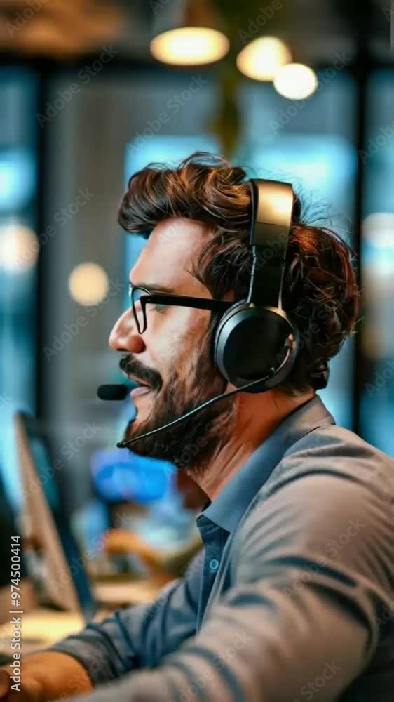 Call center, help and man with headset in office for customer service, online advice or telemarketing. Talking, contact us and consultant in discussion for communication, assistance or tech support Call center, help and man with headset in office for customer service, online advice or telemarketing. Talking, contact us and consultant in discussion for communication, assistance or tech support