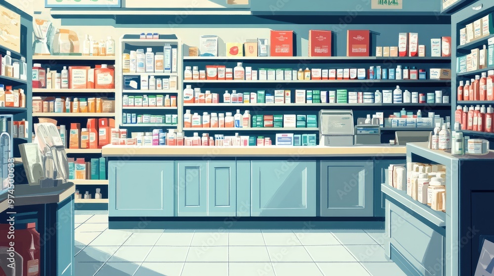 A pharmacy store interior showcasing various prescription medications, over-the-counter drugs, and medical supplies on neatly arranged shelves. A pharmacy store interior showcasing various prescription medications, over-the-counter drugs, and medical supplies on neatly arranged shelves.