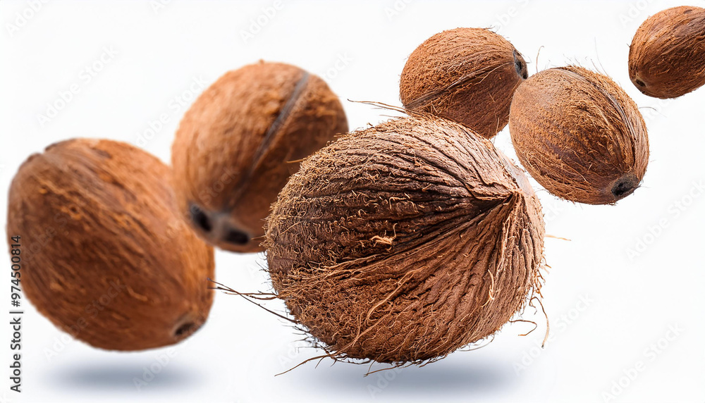 Fresh raw coconut. three coconuts, one of them open on gray background. Coco. Coconut half and piece. Cocos white. Full depth of field Fresh raw coconut. three coconuts, one of them open on gray background. Coco. Coconut half and piece. Cocos white. Full depth of field