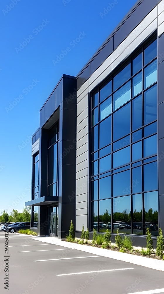 Obraz premium A modern industrial building with black and white metal cladding, featuring large windows for natural light and steel frames
