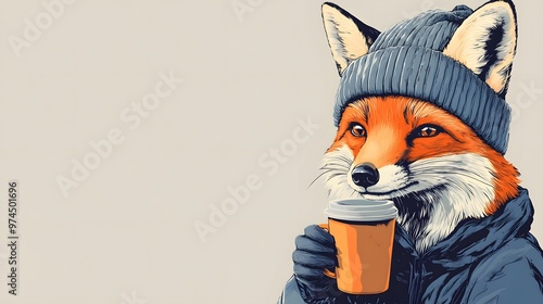 A Fox Wearing a Blue Beanie and Jacket Holding a Cup of Coffee photo