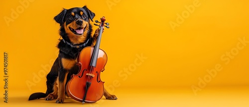 A joyful dog plays the violin, showcasing its talent against a vibrant yellow background, perfect for music and pet lovers. photo