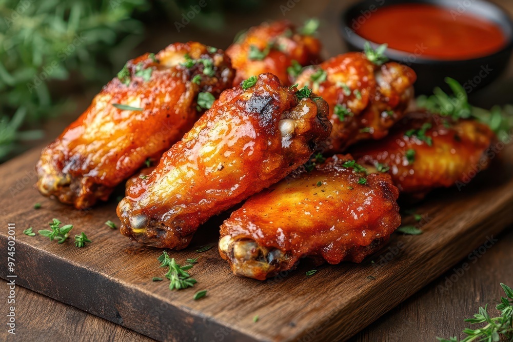 closeup of crispy saucy buffalo chicken wings goldenbrown skin glistening with spicy red sauce garnished with fresh herbs served on rustic wooden board mouthwatering texture and color closeup of crispy saucy buffalo chicken wings goldenbrown skin glistening with spicy red sauce garnished with fresh herbs served on rustic wooden board mouthwatering texture and color