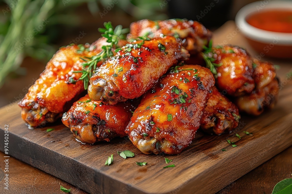 closeup of crispy saucy buffalo chicken wings goldenbrown skin glistening with spicy red sauce garnished with fresh herbs served on rustic wooden board mouthwatering texture and color closeup of crispy saucy buffalo chicken wings goldenbrown skin glistening with spicy red sauce garnished with fresh herbs served on rustic wooden board mouthwatering texture and color
