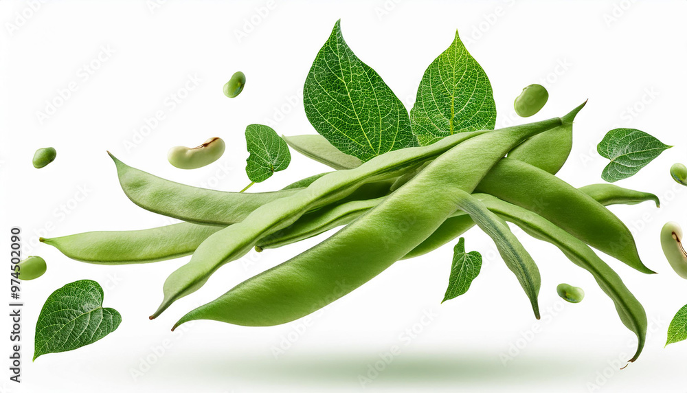 Flat green pods of raw helda romano string beans isolated on a white background. Summer diet, Healthy nutrition concept. Food and organic vegetables. Flat green pods of raw helda romano string beans isolated on a white background. Summer diet, Healthy nutrition concept. Food and organic vegetables.