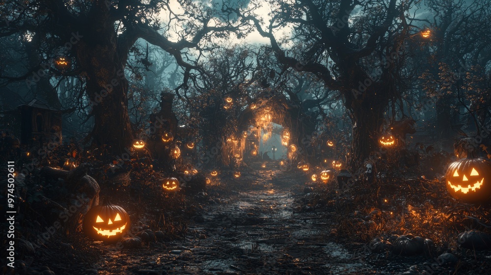 Spooky Halloween Forest Path with Jack o Lanterns Spooky Halloween Forest Path with Jack o Lanterns