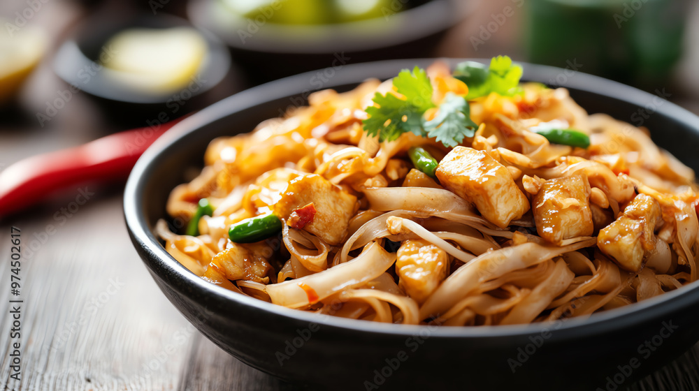Delicious chicken stir-fry with rice noodles, vegetables, and fresh herbs, served in a stylish bowl for a gourmet touch. Delicious chicken stir-fry with rice noodles, vegetables, and fresh herbs, served in a stylish bowl for a gourmet touch.