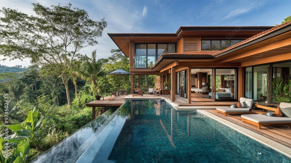 A tropical architecture blends indoor and outdoor living, with open-air pavilions, infinity pools, and lush gardens creating a seamless connection with nature. A tropical architecture blends indoor and outdoor living, with open-air pavilions, infinity pools, and lush gardens creating a seamless connection with nature.
