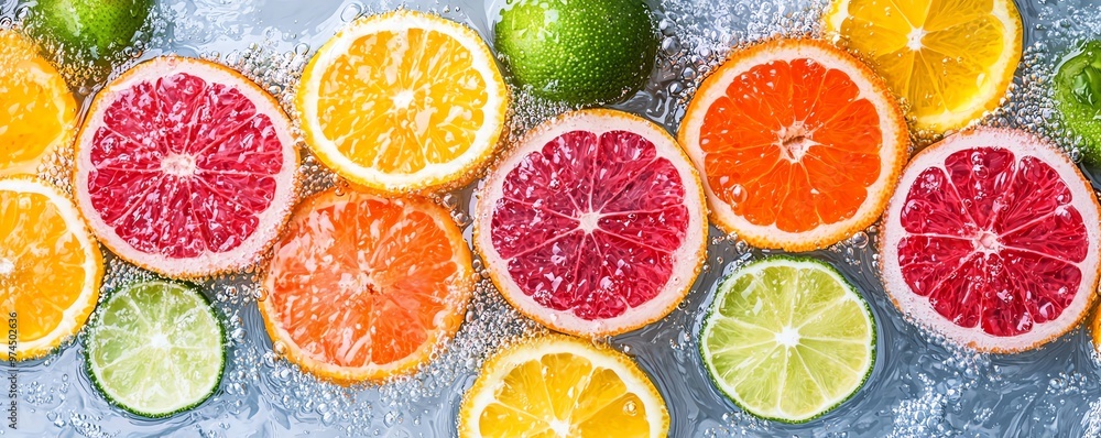 Vibrant slices of citrus fruits surrounded by bubbles, showcasing fresh flavors and colors ideal for healthy food themes. Vibrant slices of citrus fruits surrounded by bubbles, showcasing fresh flavors and colors ideal for healthy food themes.