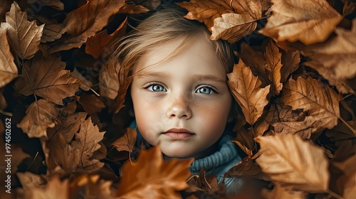 close-up of a child playing with autumn leaves. Selective focus