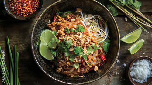 Delicious pad thai featuring noodles, peanuts, lime, and fresh herbs in a rustic bowl, perfect for food lovers and culinary enthusiasts.
