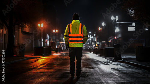 worker in a high-visibility jacket standing on an empty street at night photo