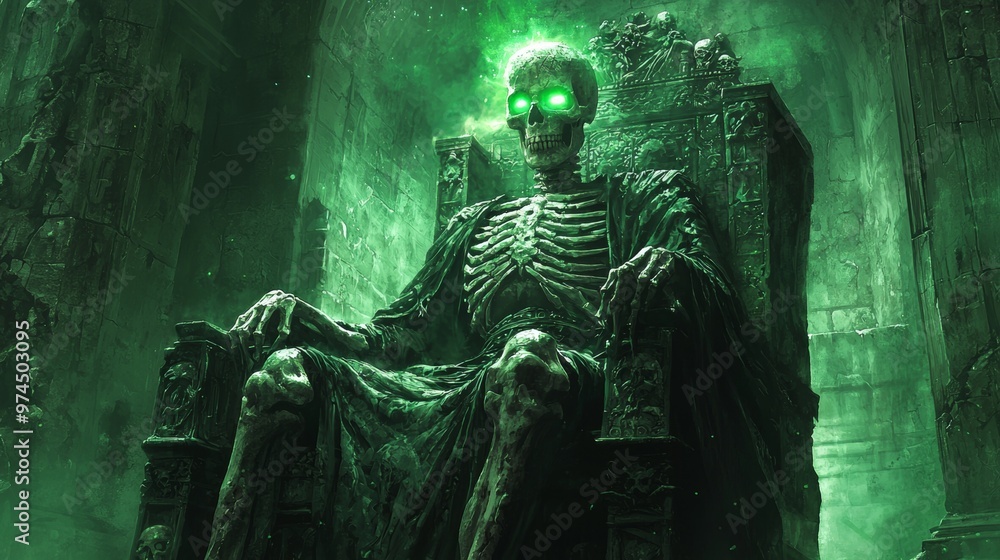 Fototapeta premium Skeleton King on Throne in Green Glowing Ruins