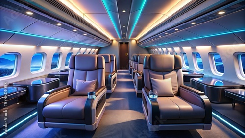 A sleek, modern airplane interior with illuminated signage and comfortable seating, evoking a sense of excitement and relaxation as passengers prepare for takeoff. photo