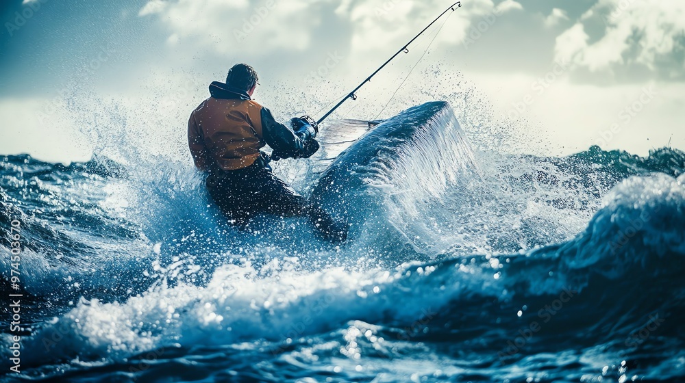 Obraz premium A man is fishing in a small boat on rough water.