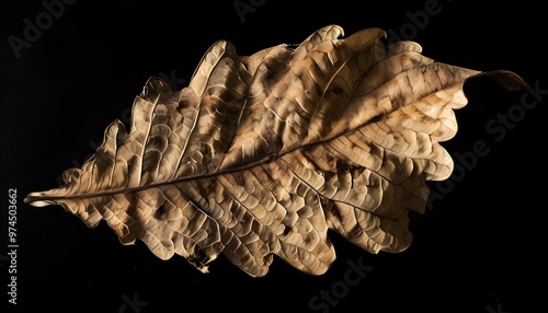 Elegant dried leaf showcasing intricate veins against a stark black background, capturing the beauty of nature’s aging process photo