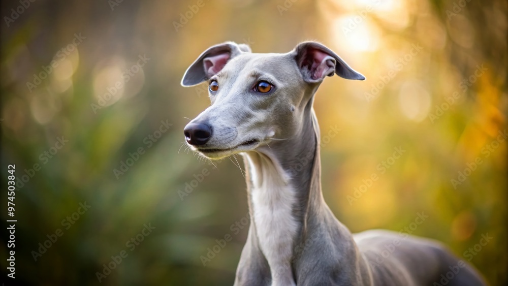 A sleek whippet dog with a short, smooth coat in a gentle gray color stands alert, ears perked, against a blurred natural outdoor background. A sleek whippet dog with a short, smooth coat in a gentle gray color stands alert, ears perked, against a blurred natural outdoor background.