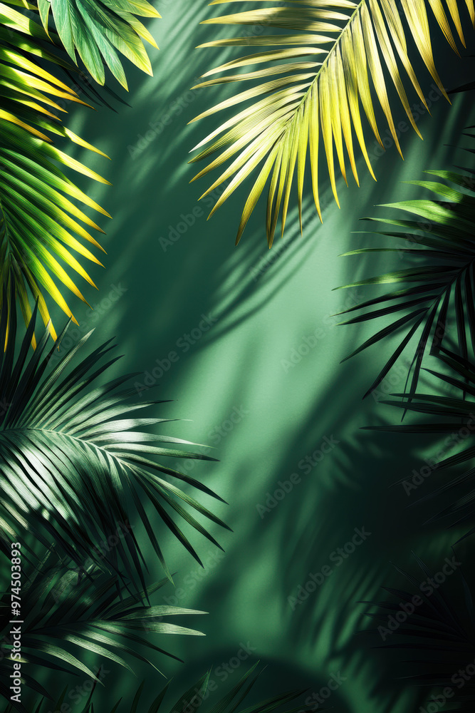 Tropical leaves casting shadows on a green wall, creating a serene, exotic ambiance with vibrant foliage. Tropical leaves casting shadows on a green wall, creating a serene, exotic ambiance with vibrant foliage.