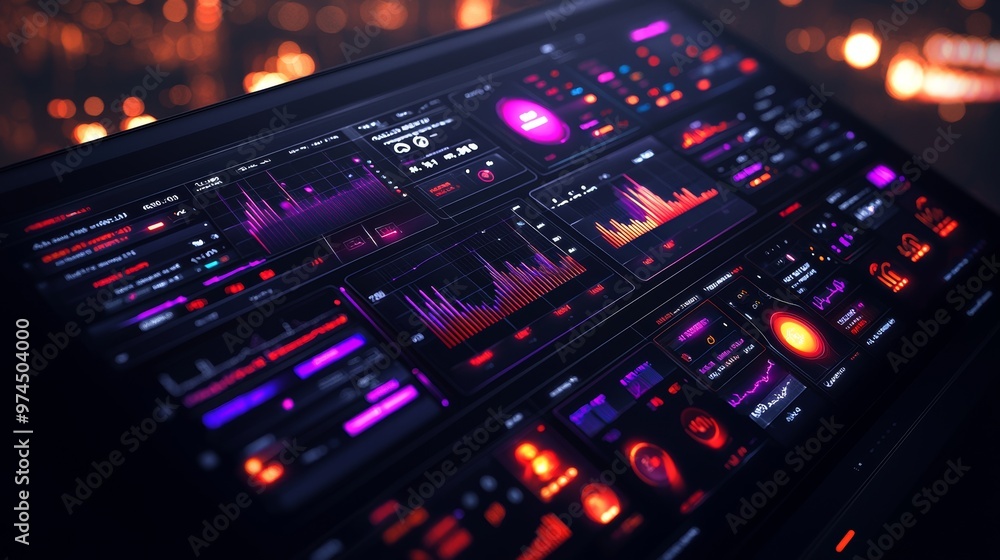 Futuristic Interface with Glowing Red and Purple Data Displays Futuristic Interface with Glowing Red and Purple Data Displays