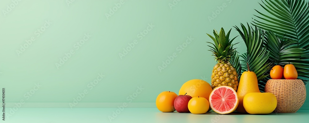 A vibrant arrangement of various fruits and greenery on a soft green background, perfect for summer-themed projects. A vibrant arrangement of various fruits and greenery on a soft green background, perfect for summer-themed projects.
