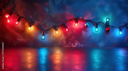 Colorful string lights illuminate a festive evening with vibrant hues and reflections on a smooth surface. Generative AI photo