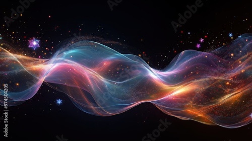 Glowing abstract waves on black background, modern header backdrop illustration