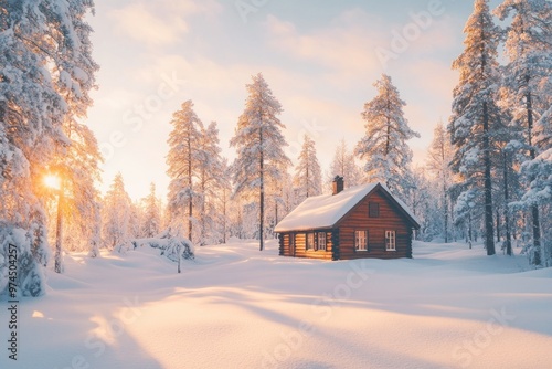 A Wooden Cabin Nestled in a Snowy Forest at Sunset photo