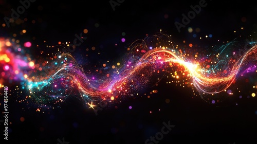 Dynamic swirling light streams in blue and orange with sparkling effects on black backdrop