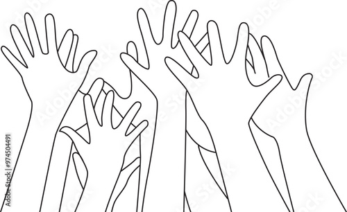 Many hands raised up against the sky  stroke line vector.